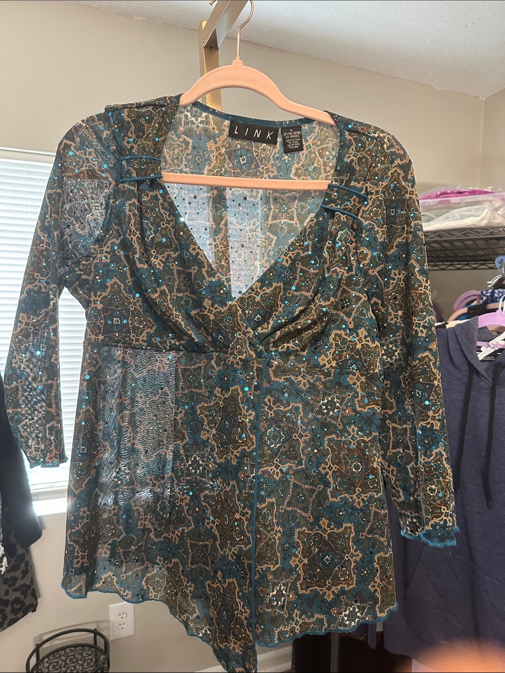 Link blouse teal,tan and brown